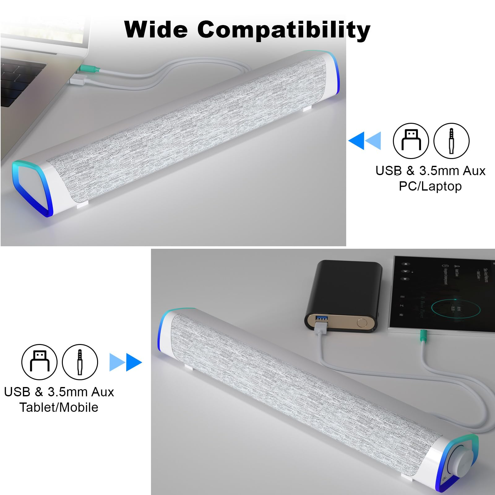 Ein weißer Lautsprecher mit blau-grünen Lichtern, verbunden mit Laptop und Tablet.