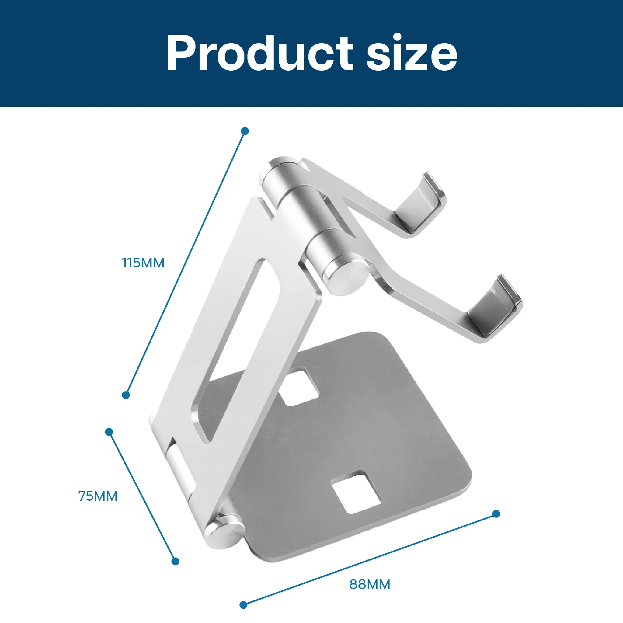 Silberner Handy-Ständer aus Metall mit den Maßen 115 mm, 75 mm und 88 mm.