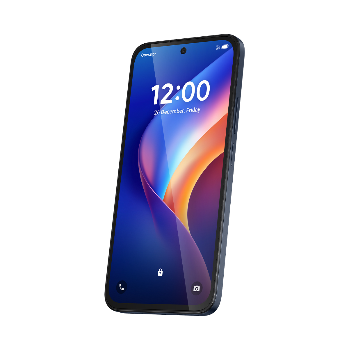 Un smartphone azul oscuro muestra una pantalla de bloqueo colorida con las 12:00.