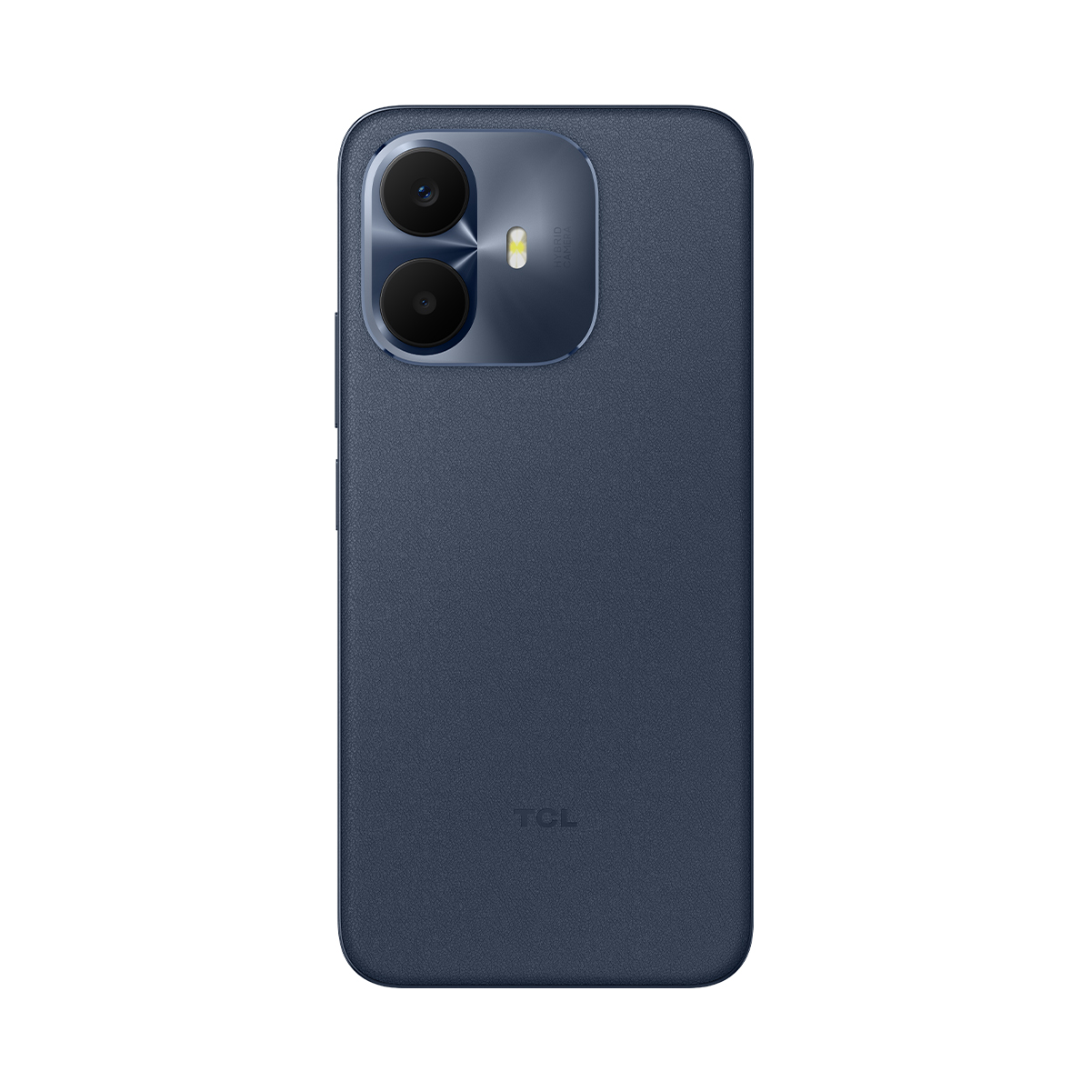 Teléfono inteligente azul oscuro con cámara dual y logo TCL.