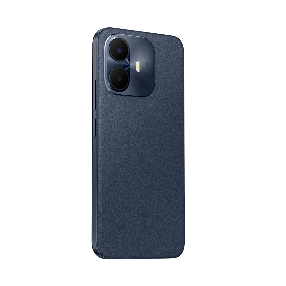 Un smartphone TCL azul oscuro se muestra de espaldas, con configuración de doble cámara.