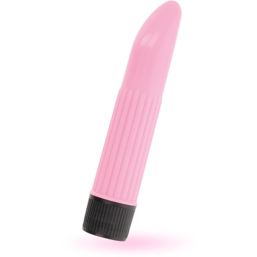 Ein rosafarbener Vibrator mit gerilltem Griff und schwarzer Basis.