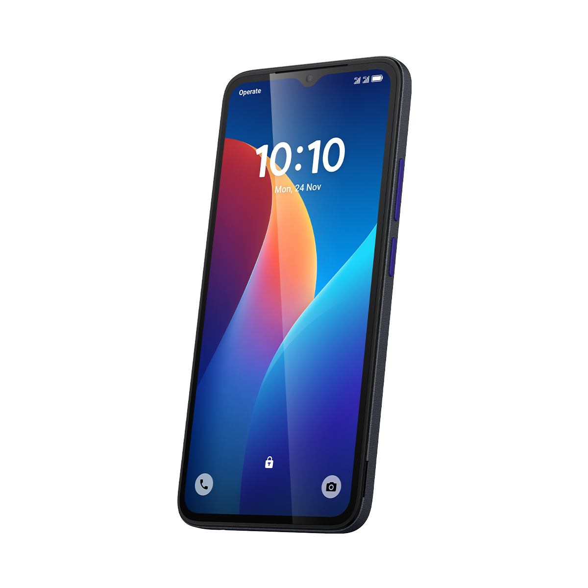 Ciemny smartfon pochylony w prawo, wyświetlający kolorowy ekran blokady z godziną 10:10.