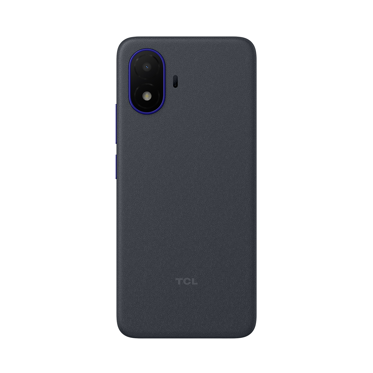 Ciemnoszary smartfon z dwoma aparatami i niebieskim pierścieniem, logo TCL z tyłu.