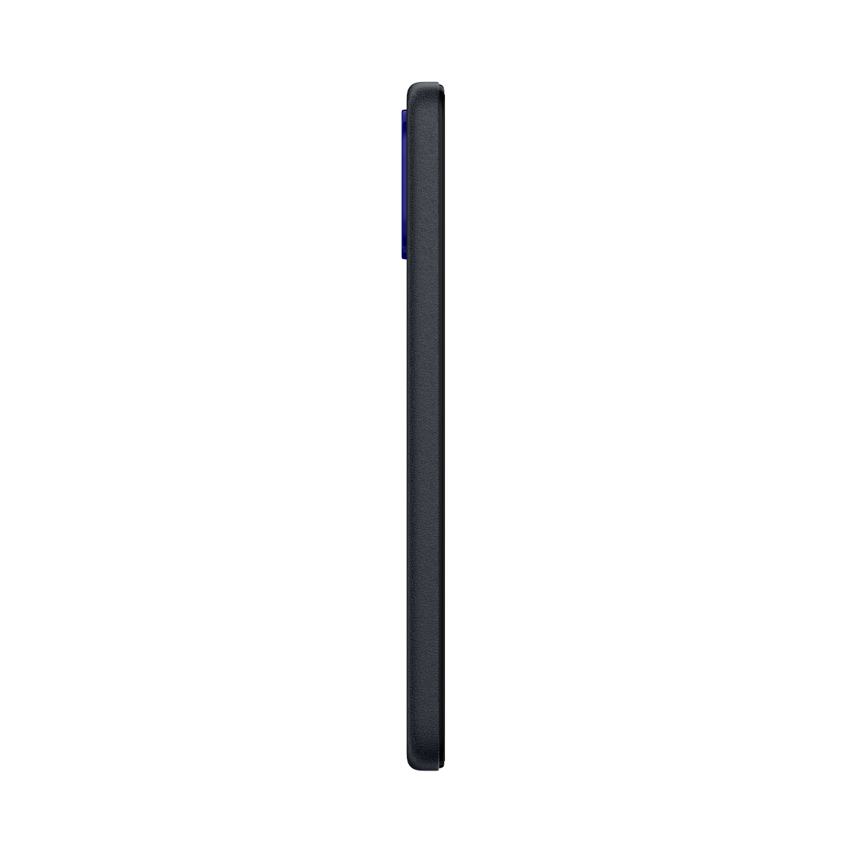 Ciemnoszary smartfon widziany z boku, z niebieskim modułem aparatu.