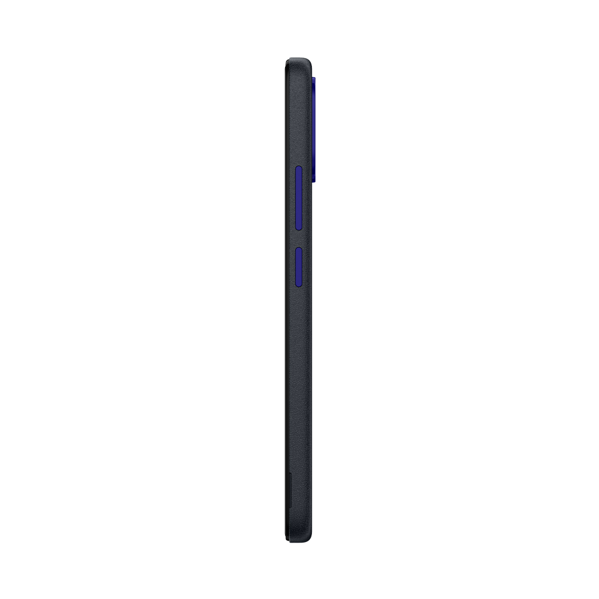 Ciemnoszary smartfon z niebieskimi przyciskami, widziany z boku.