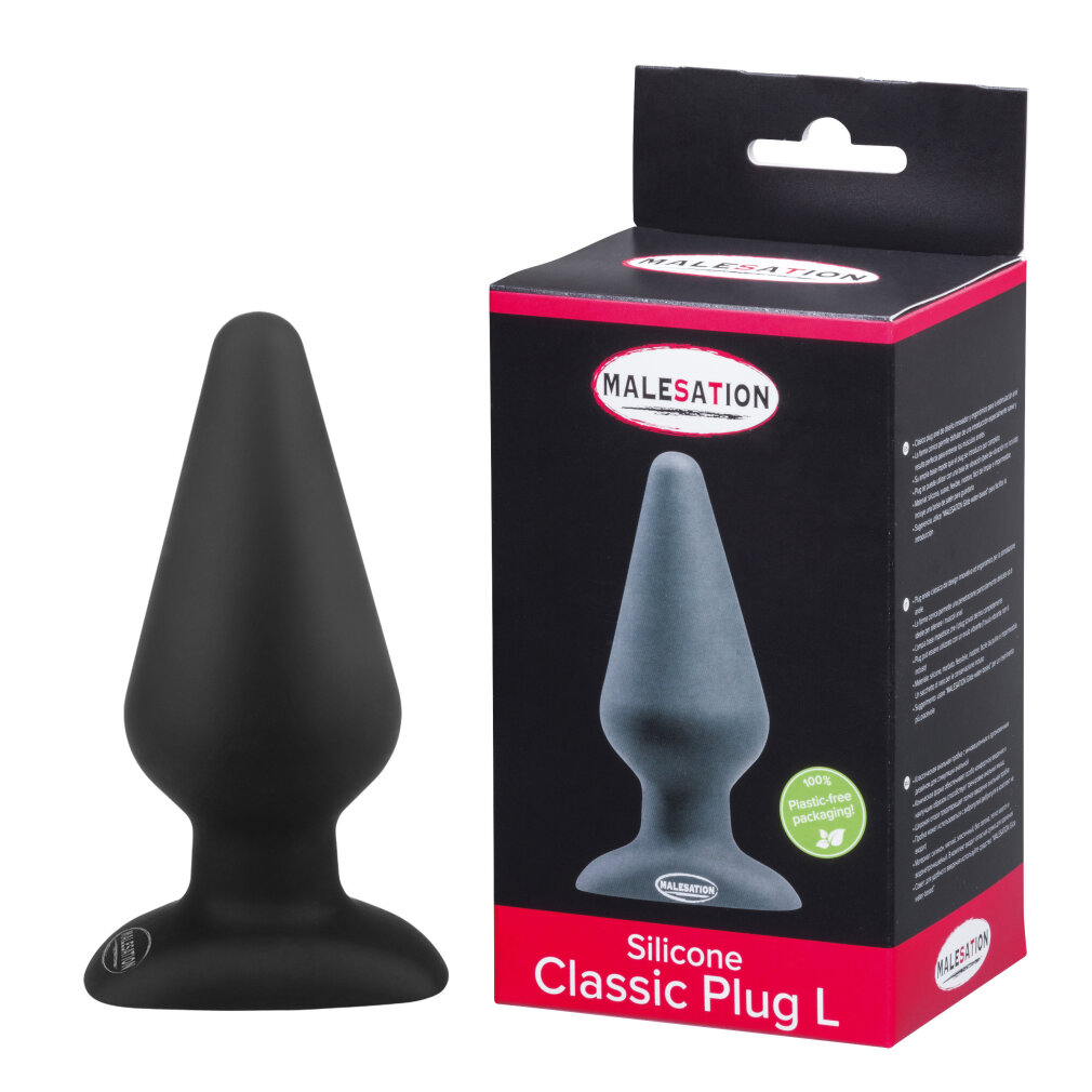 Schwarzer Silikon-Plug und seine Verpackung mit einem grauen Plug auf der Vorderseite.