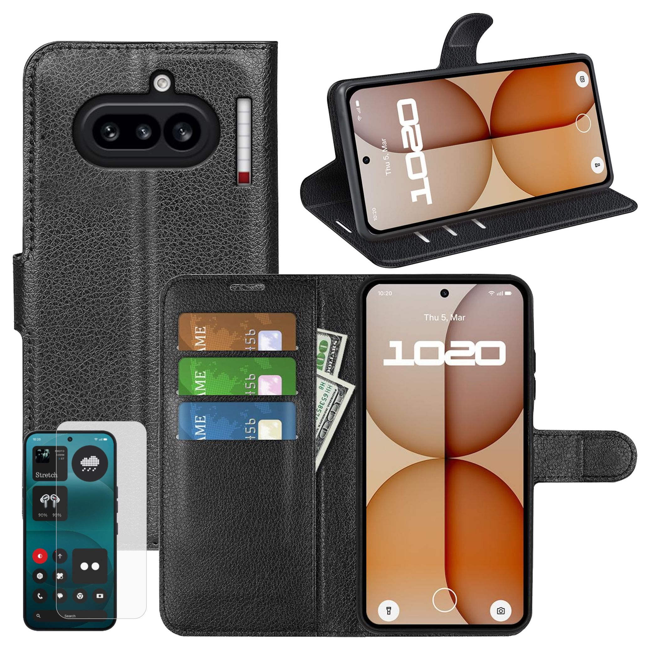 Eine schwarze Lederhülle für ein Smartphone mit Kartensteckplätzen und Bargeld.