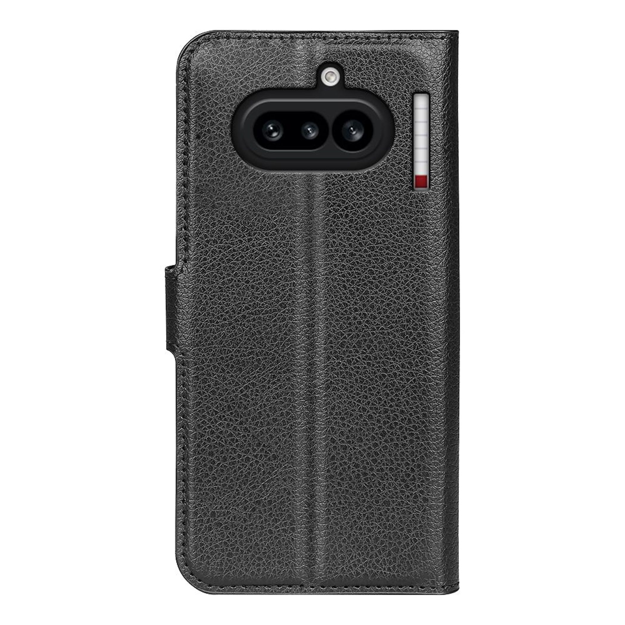 Schwarzes Leder-Flip-Case für ein Handy mit Kameraaussparung.