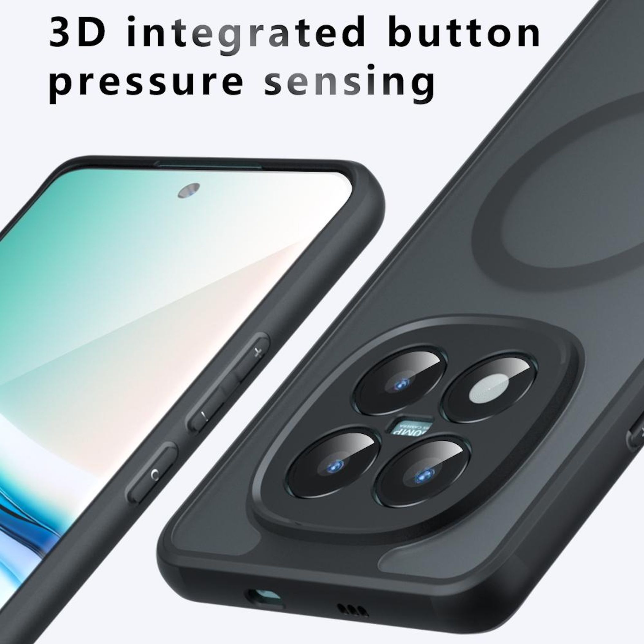 Dunkelgraues Smartphone mit vierfacher Kamera und Bedienelementen.