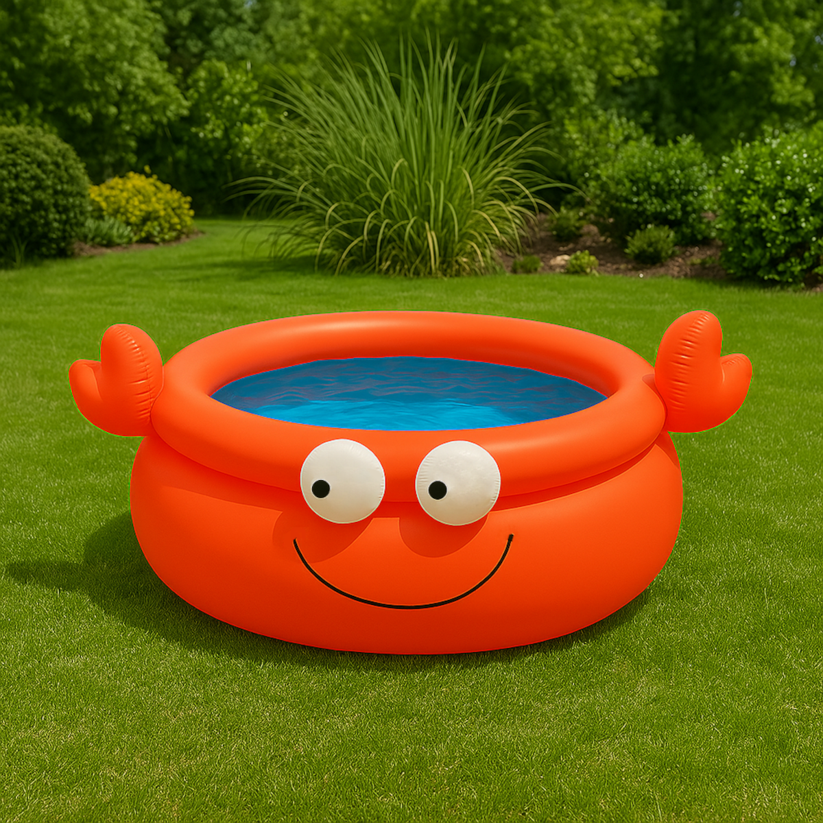 Ein aufblasbarer Pool in Krebsform mit Wasser auf einem grünen Rasen.