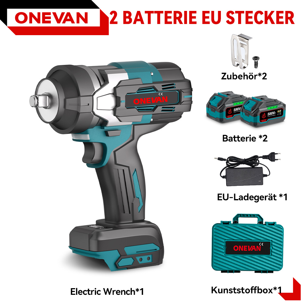 Elektrischer Schraubenschlüssel mit Zubehör: 2 Batterien, Ladegerät und Koffer.