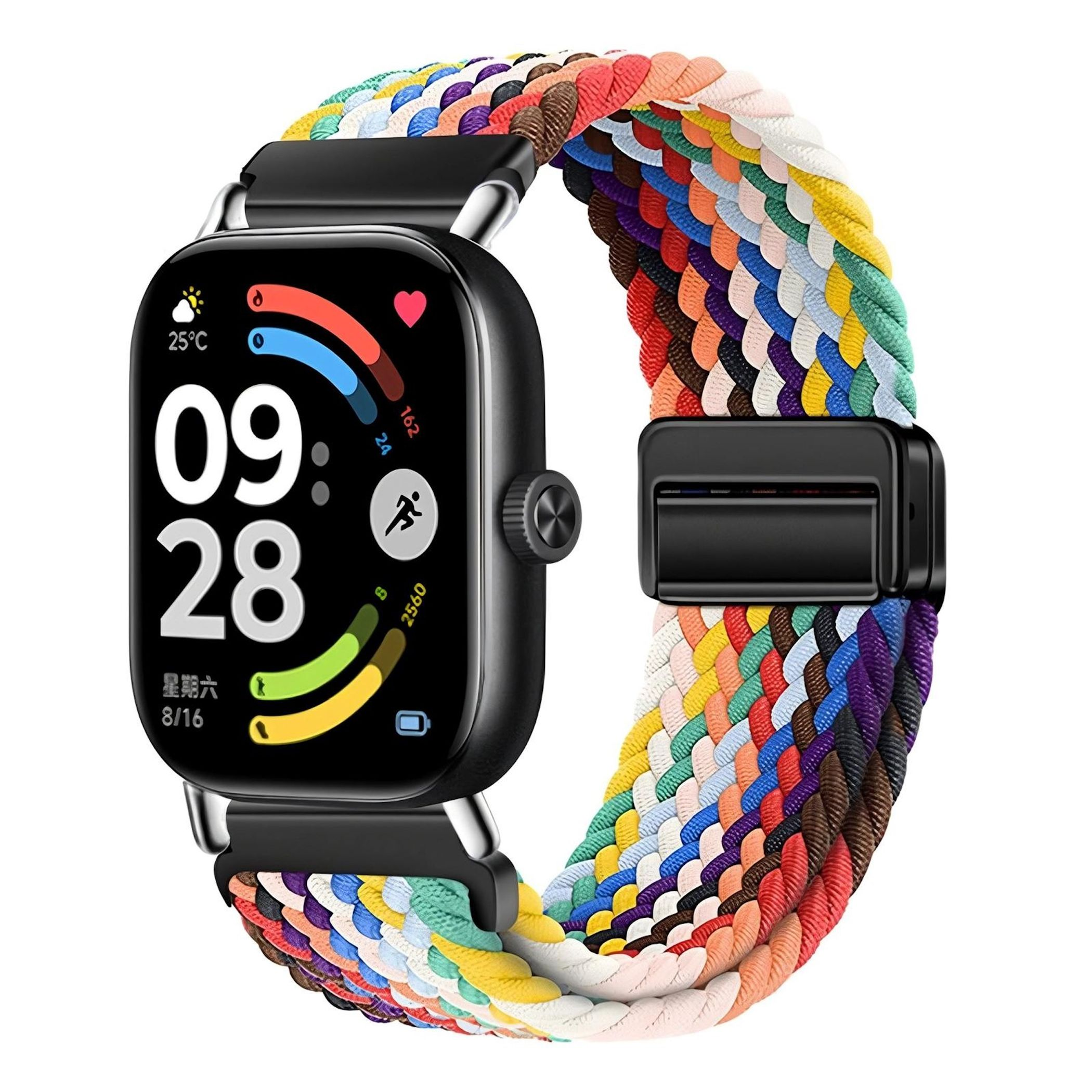 Schwarze Smartwatch mit buntem geflochtenem Armband, zeigt 25°C und 09:28.