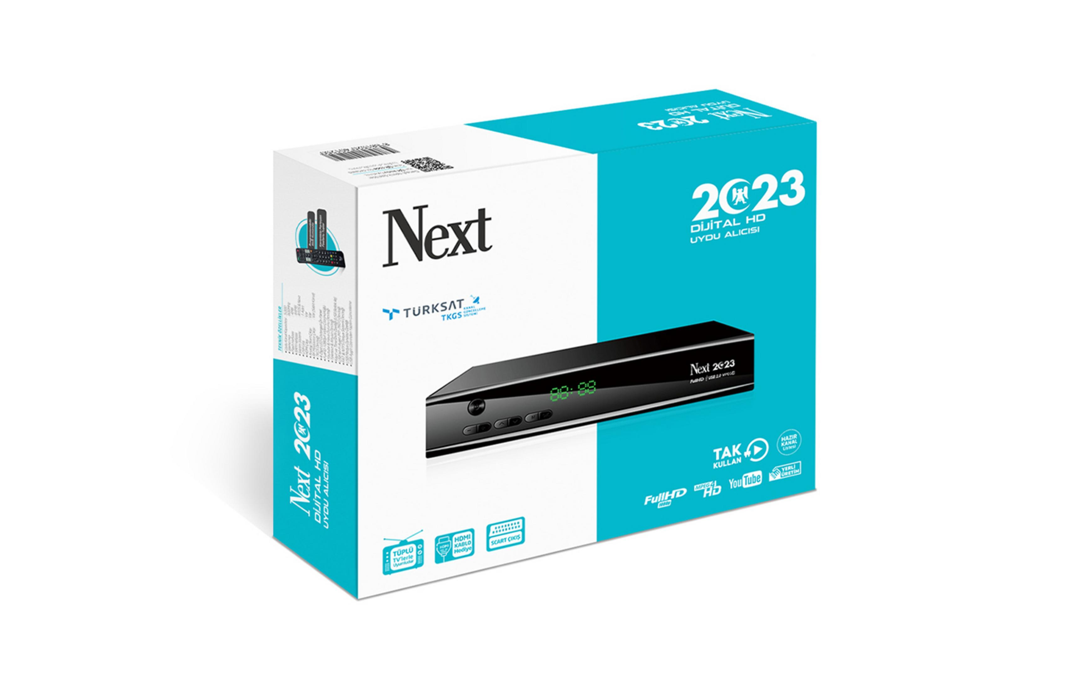 Next Dijital HD uydu alıcısı kutusu, uzaktan kumandası ve ürün detayları ile birlikte.