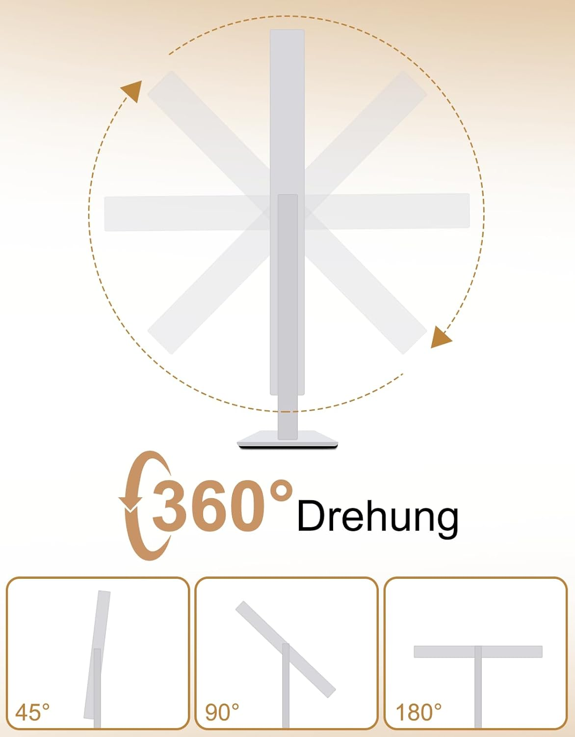 Diagramma animato mostra rotazione a 360 gradi di un monitor, con angolazioni di 45, 90 e 180 gradi.
