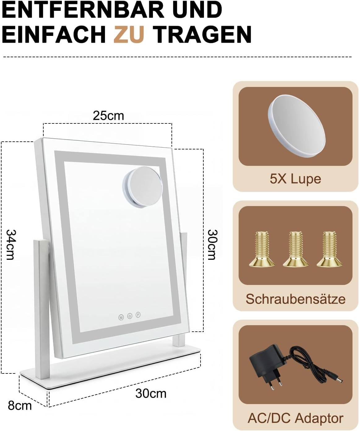 Uno specchio per il trucco illuminato con lente d'ingrandimento, viti e adattatore.