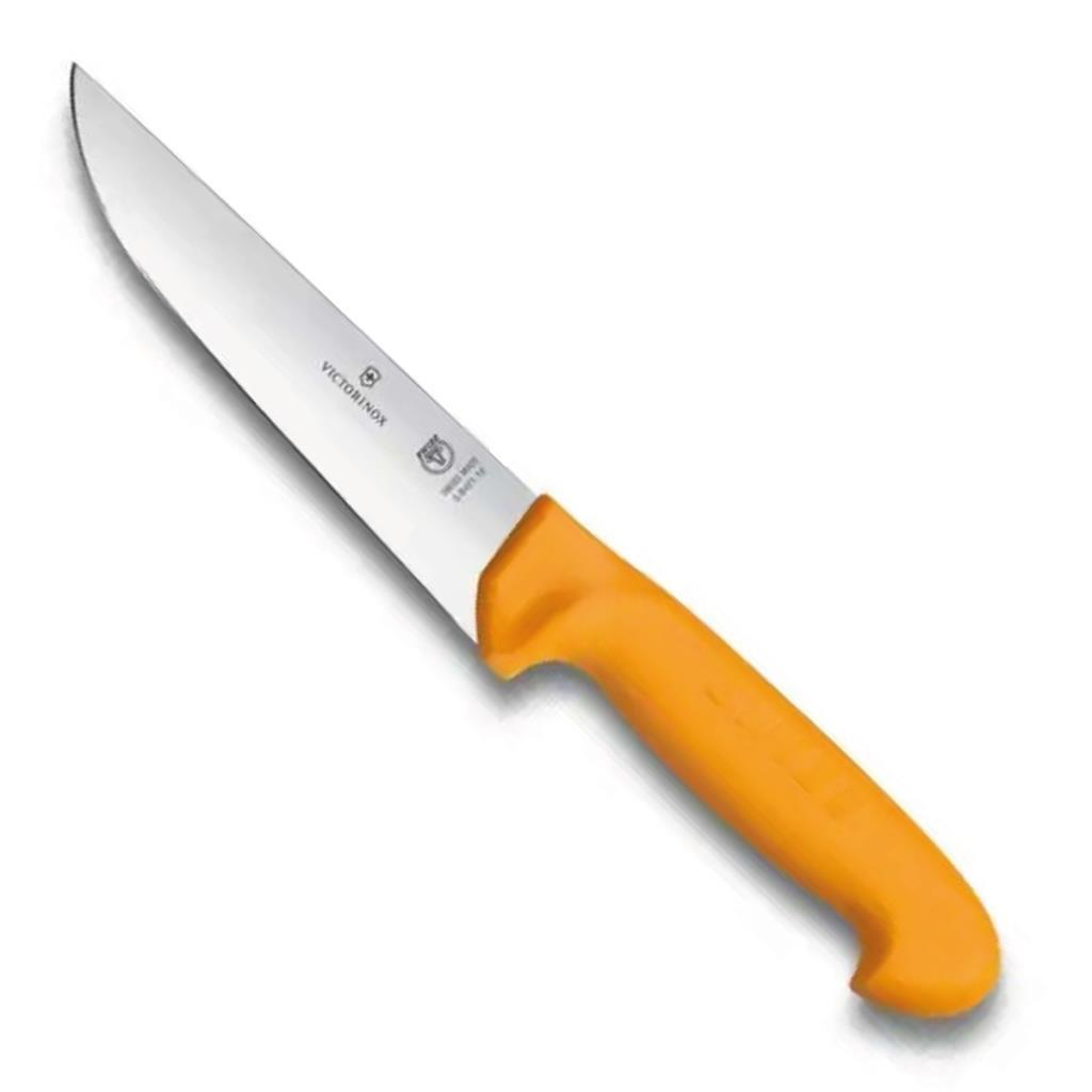 Parlak turuncu sapa sahip gümüş Victorinox bıçağı.
