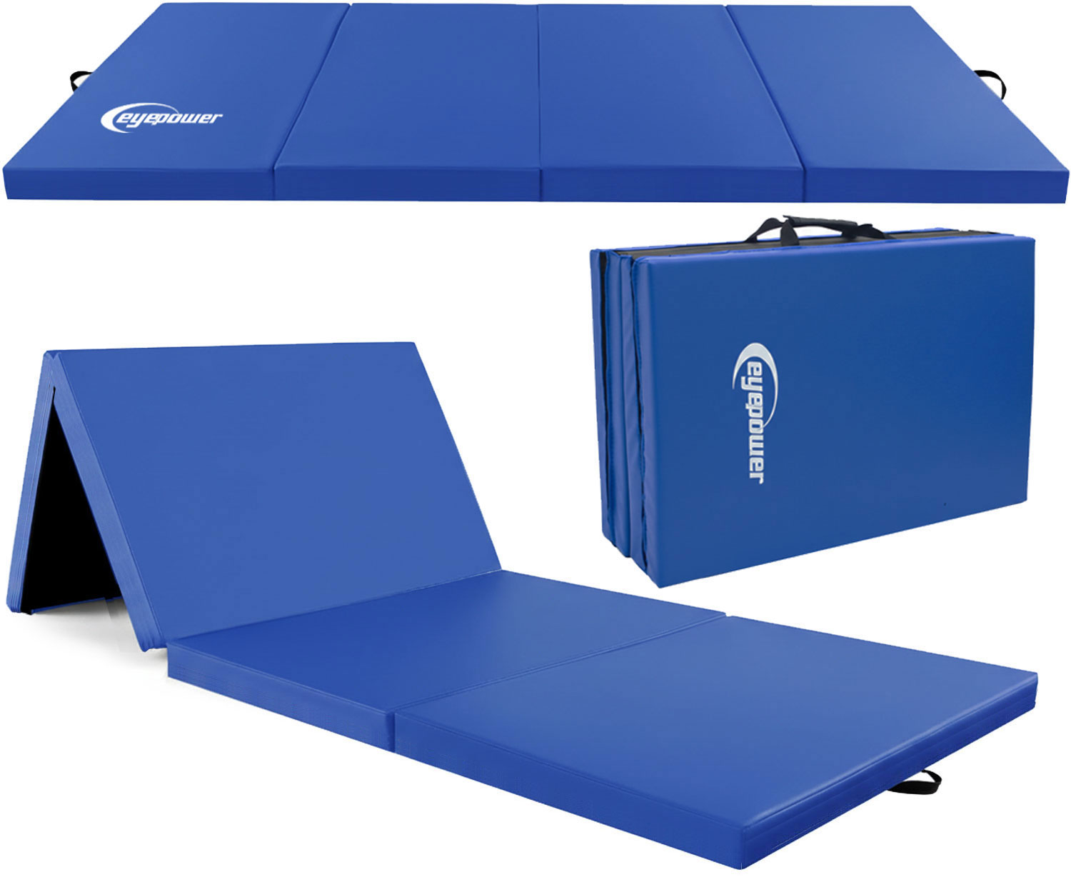 Blau faltbare Gymnastikmatte, ausgeklappt und zusammengeklappt.