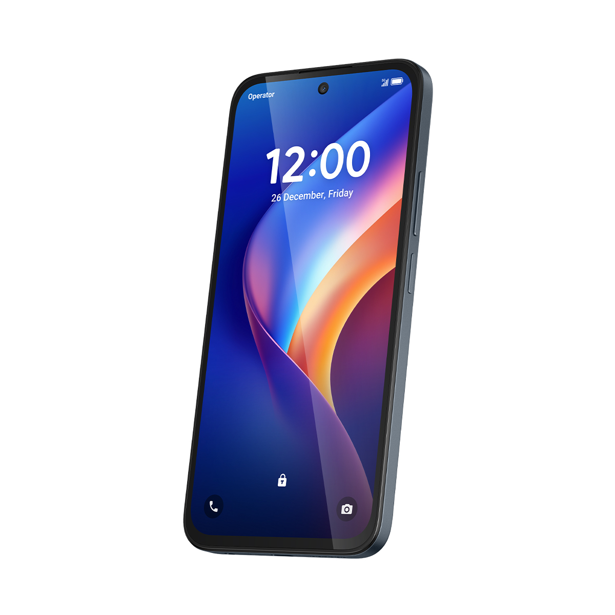 Szary smartfon zablokowanym ekranem pokazuje 12:00.