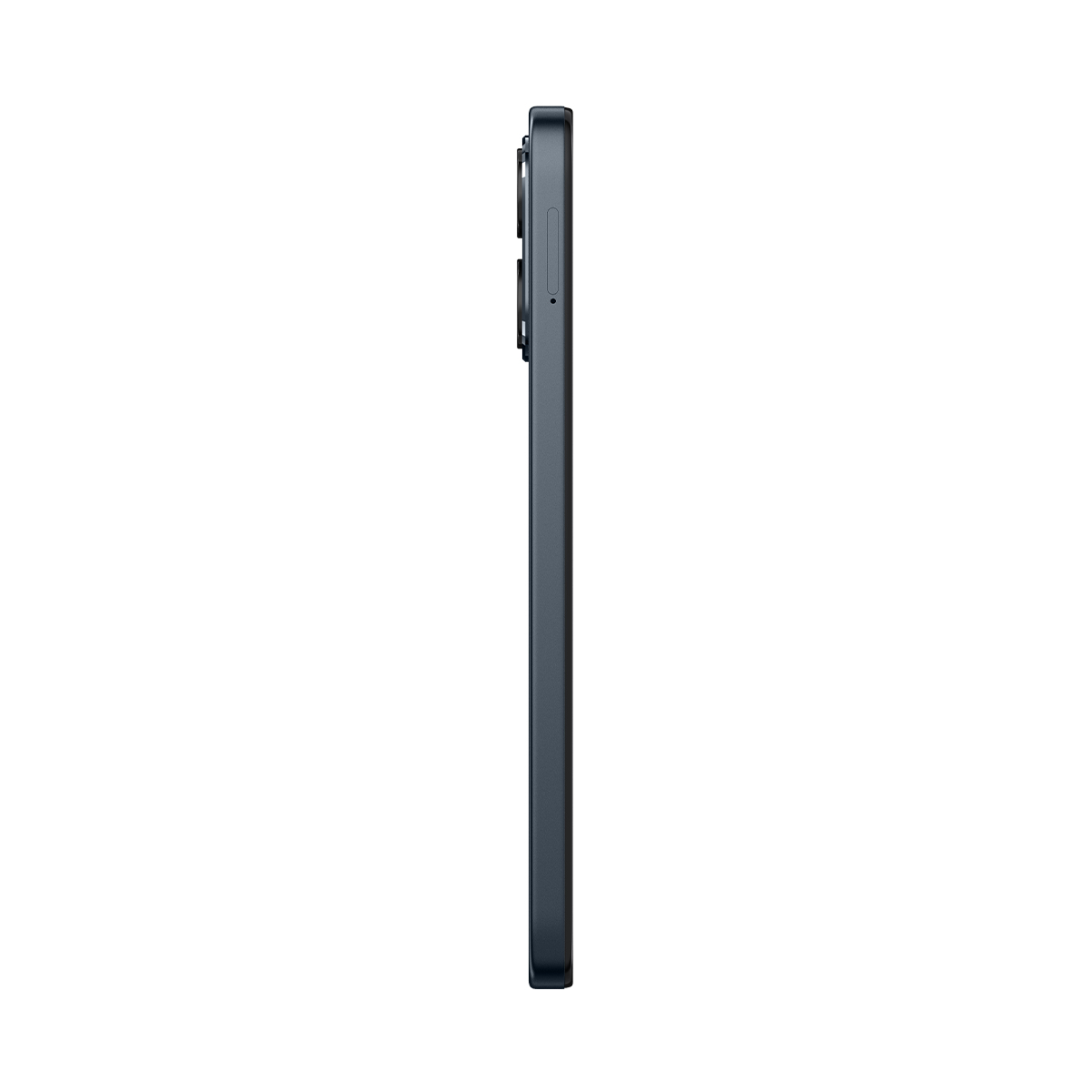 Ciemnoszare smartfon z profilu na białym tle, z modułem kamery.