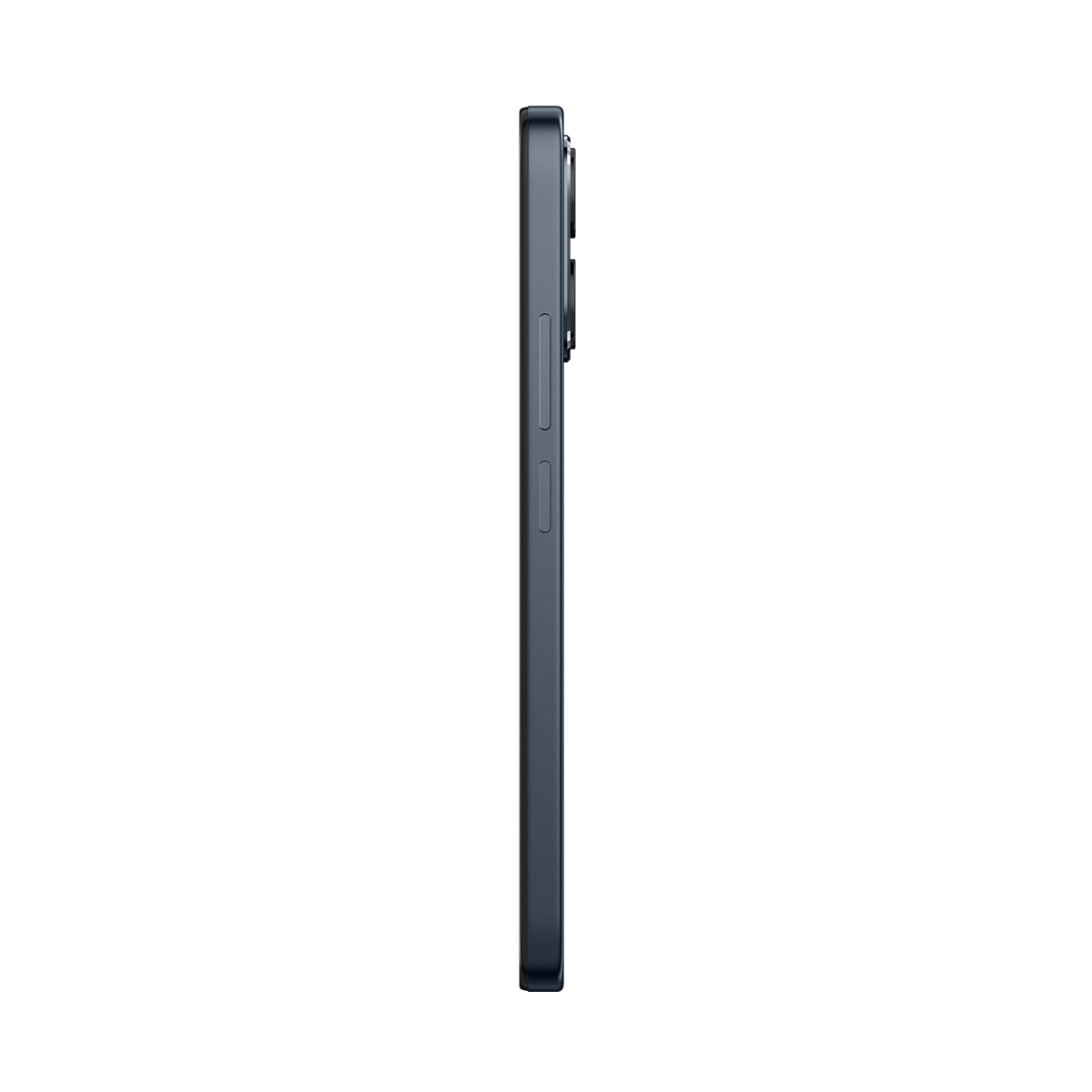Ciemnoszary smartfon z profilu z obiektywami i przyciskami.