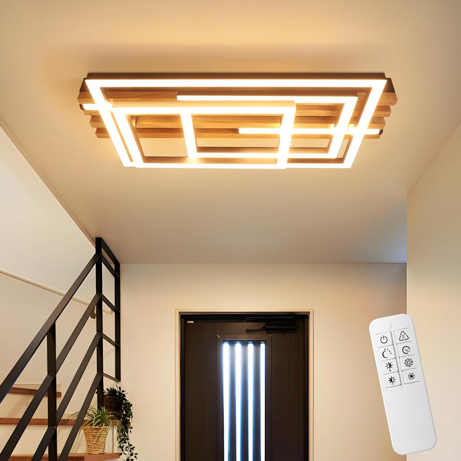 Plafoniera moderna in legno con forme geometriche e illuminazione a LED.