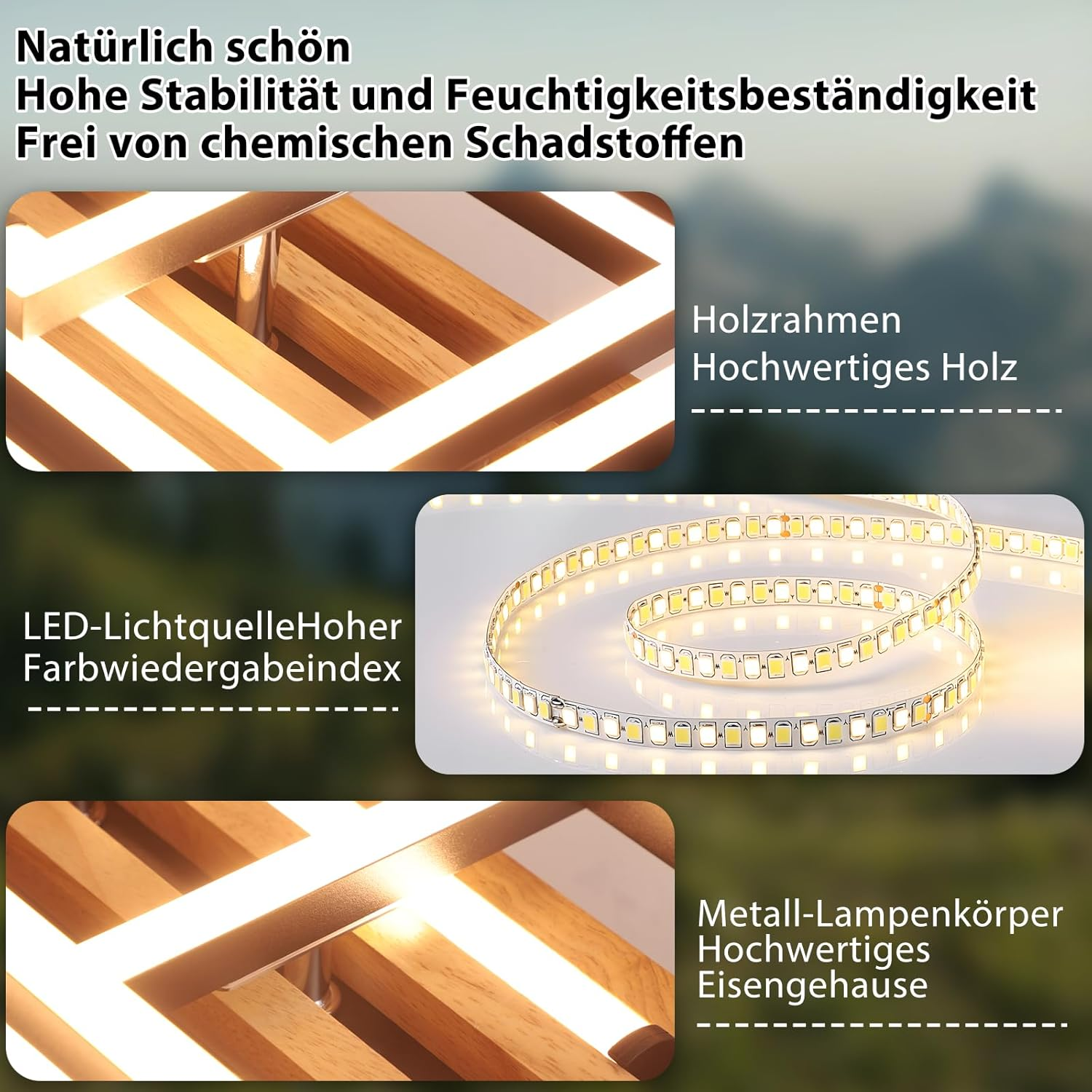 Telaio in legno, sorgente luminosa a LED, corpo lampada in metallo. Bellezza naturale, stabilità.
