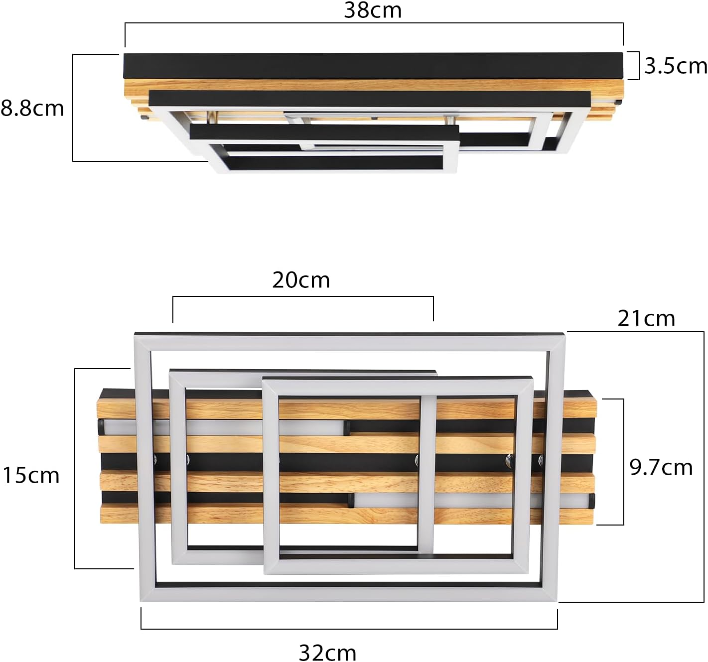 Lampada da soffitto moderna: cornici nere, legno, cromo. Dimensioni mostrate.