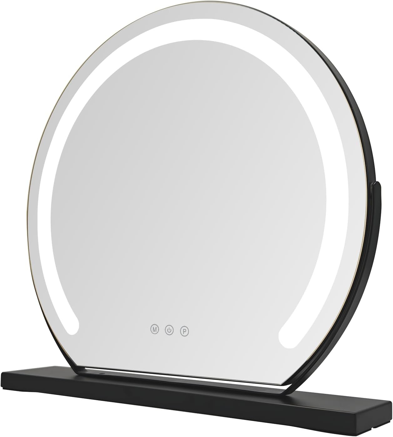 Uno specchio per il trucco rotondo con illuminazione a LED e controlli touch su base nera.