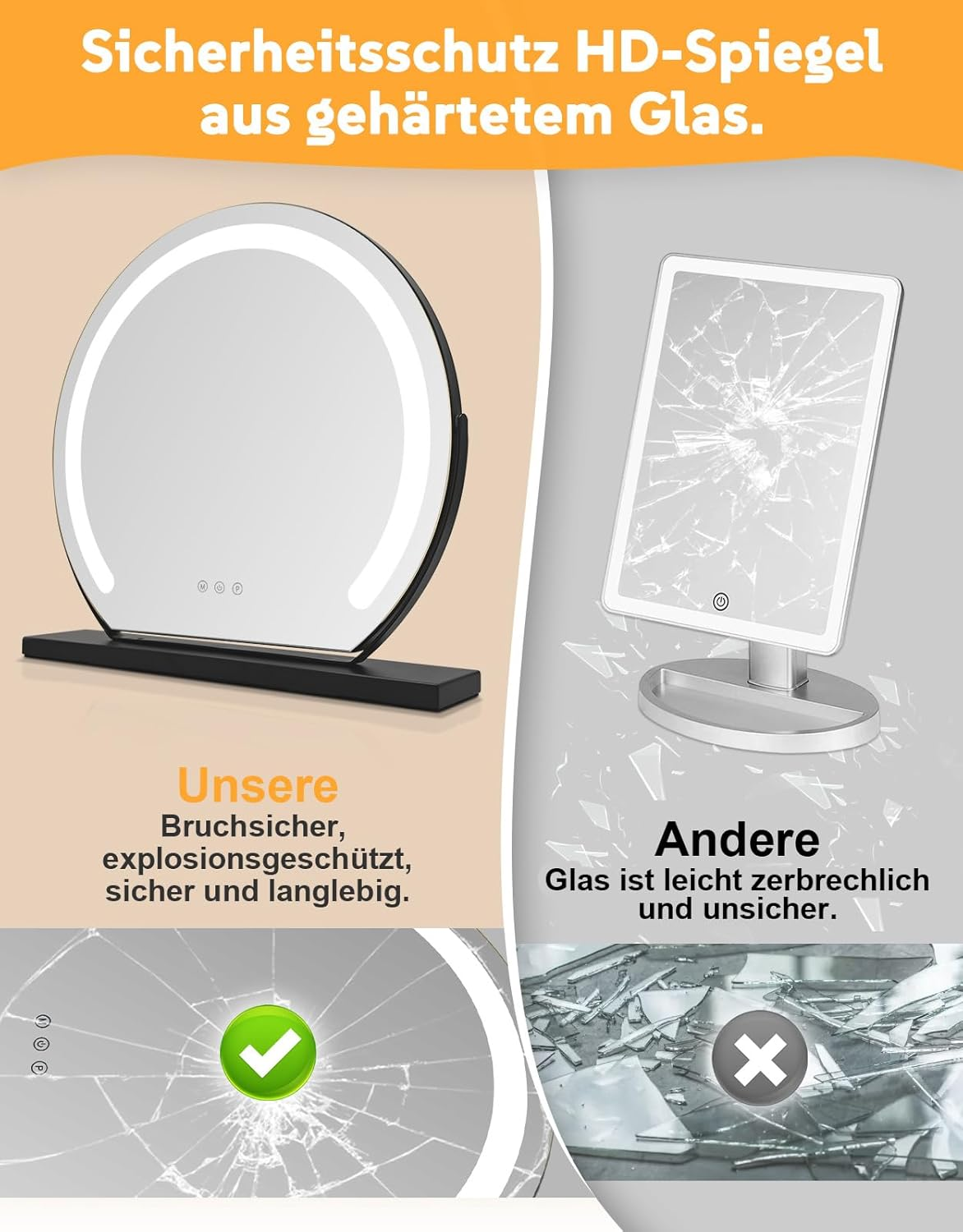 Confronto specchi: Sicuro vs. fragile. Specchio HD in vetro temperato.