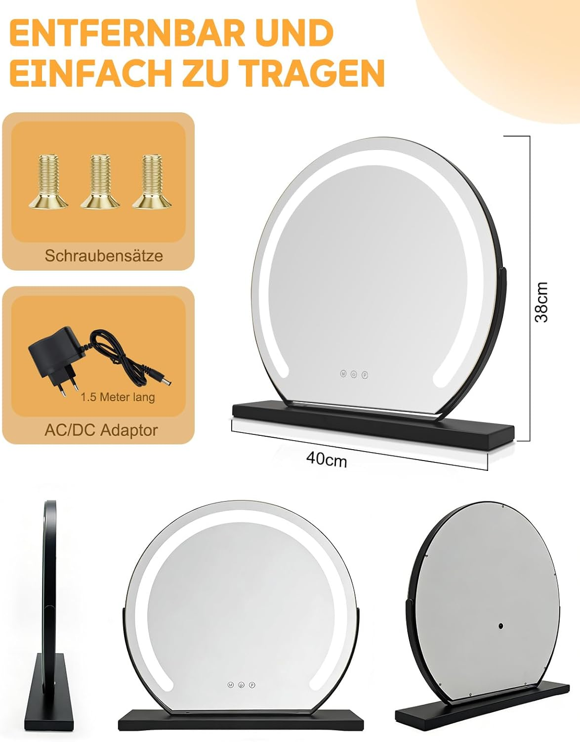 Uno specchio per il trucco illuminato con accessori: viti, adattatore AC/DC.