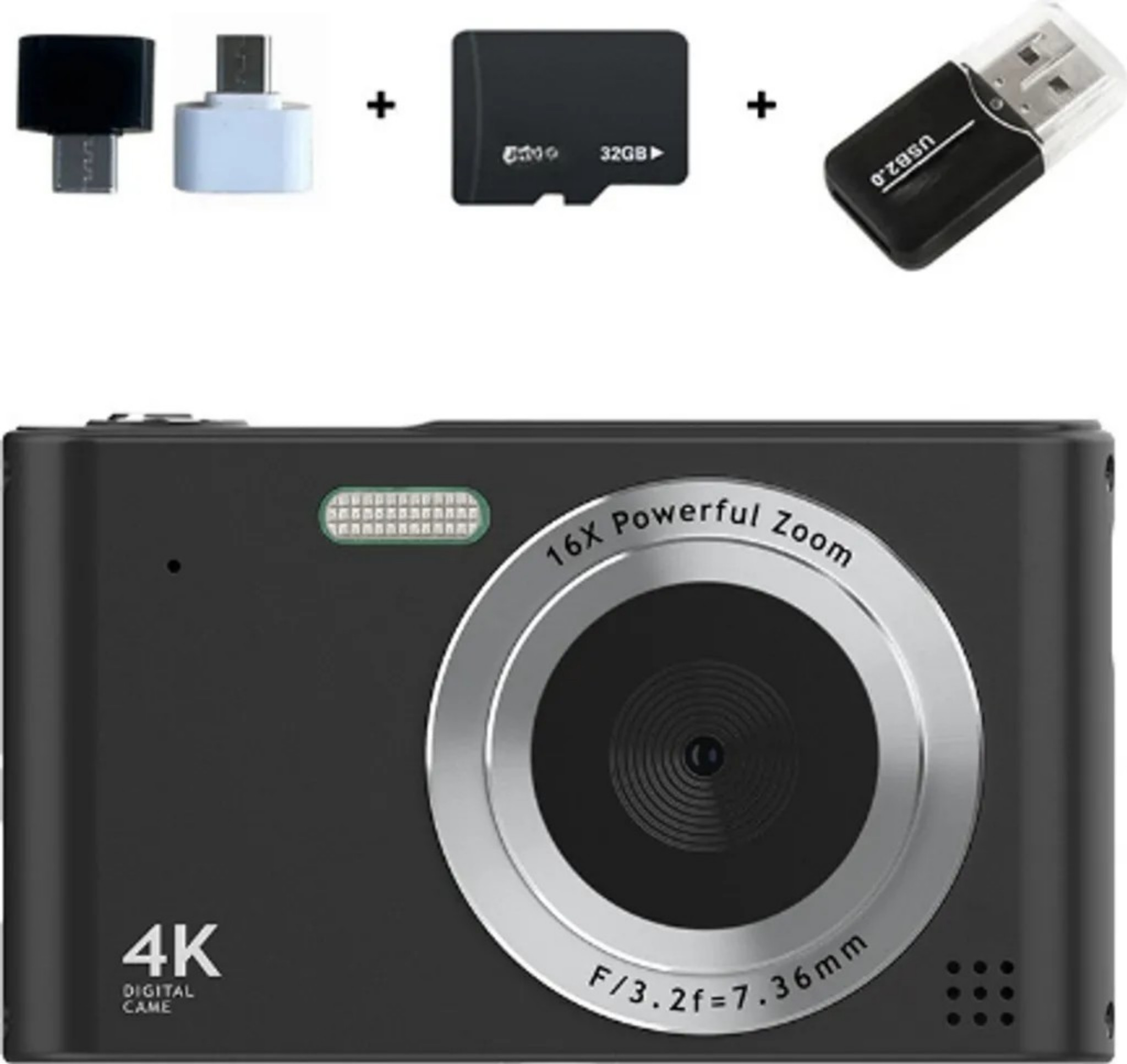 Ein schwarzer 4K Digitalcamcorder mit 16-fachem Zoom, daneben Adapter, SD-Karte und USB-Lesegerät.