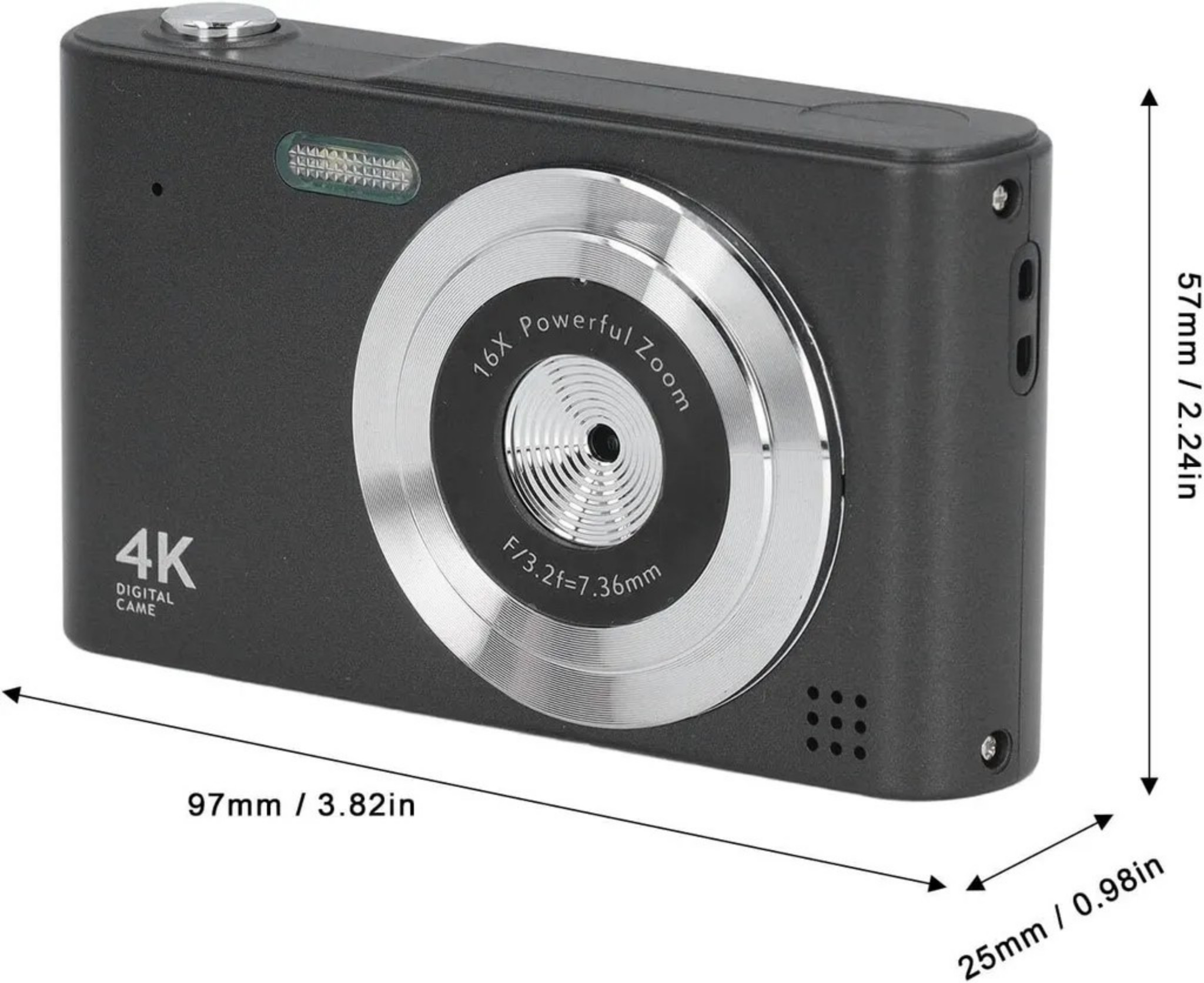 Schwarze 4K-Digitalkamera mit silberner 16x-Zoomlinse. Maße angegeben.