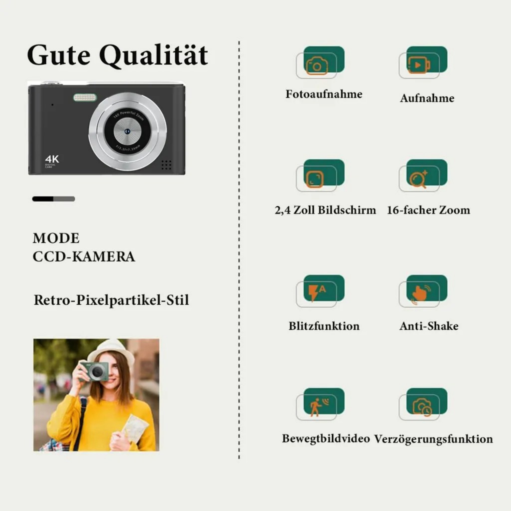Produktanzeige: Digitalkamera, Funktionen und Frau mit Kamera.