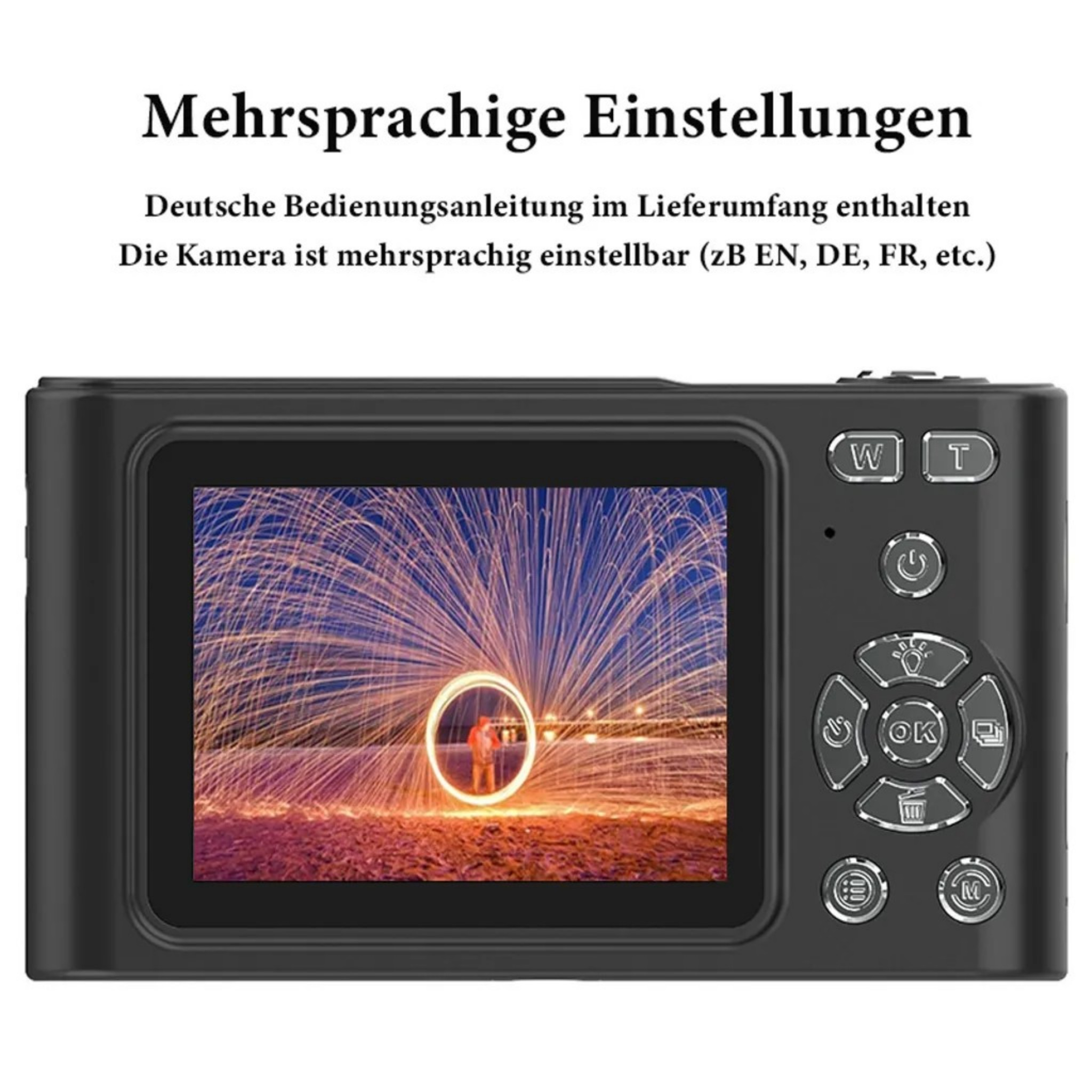 Digitalkamera mit einem Bildschirm, der ein Feuerwerk zeigt.