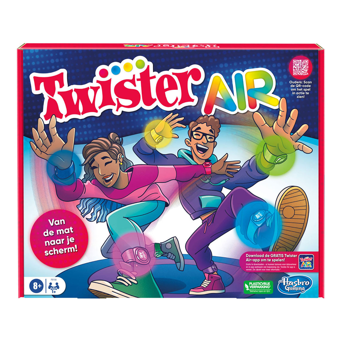 De Twister Air speldoos toont twee lachende personen met gloeiende polsbandjes.