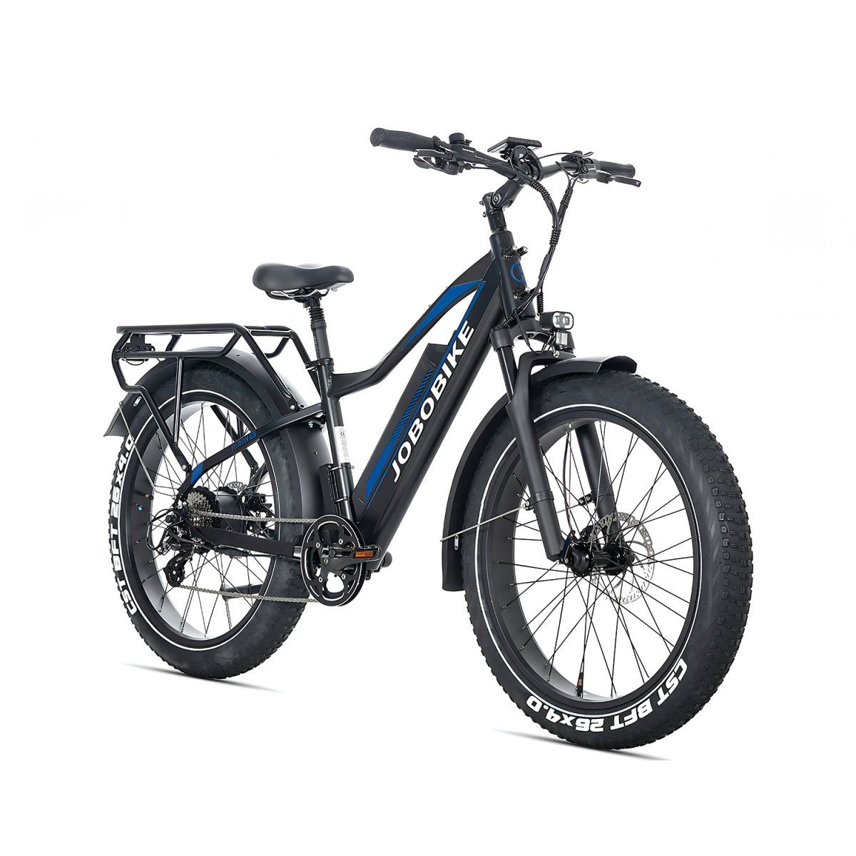 Czarny rower elektryczny typu fat bike z niebieskimi akcentami i bagażnikiem.