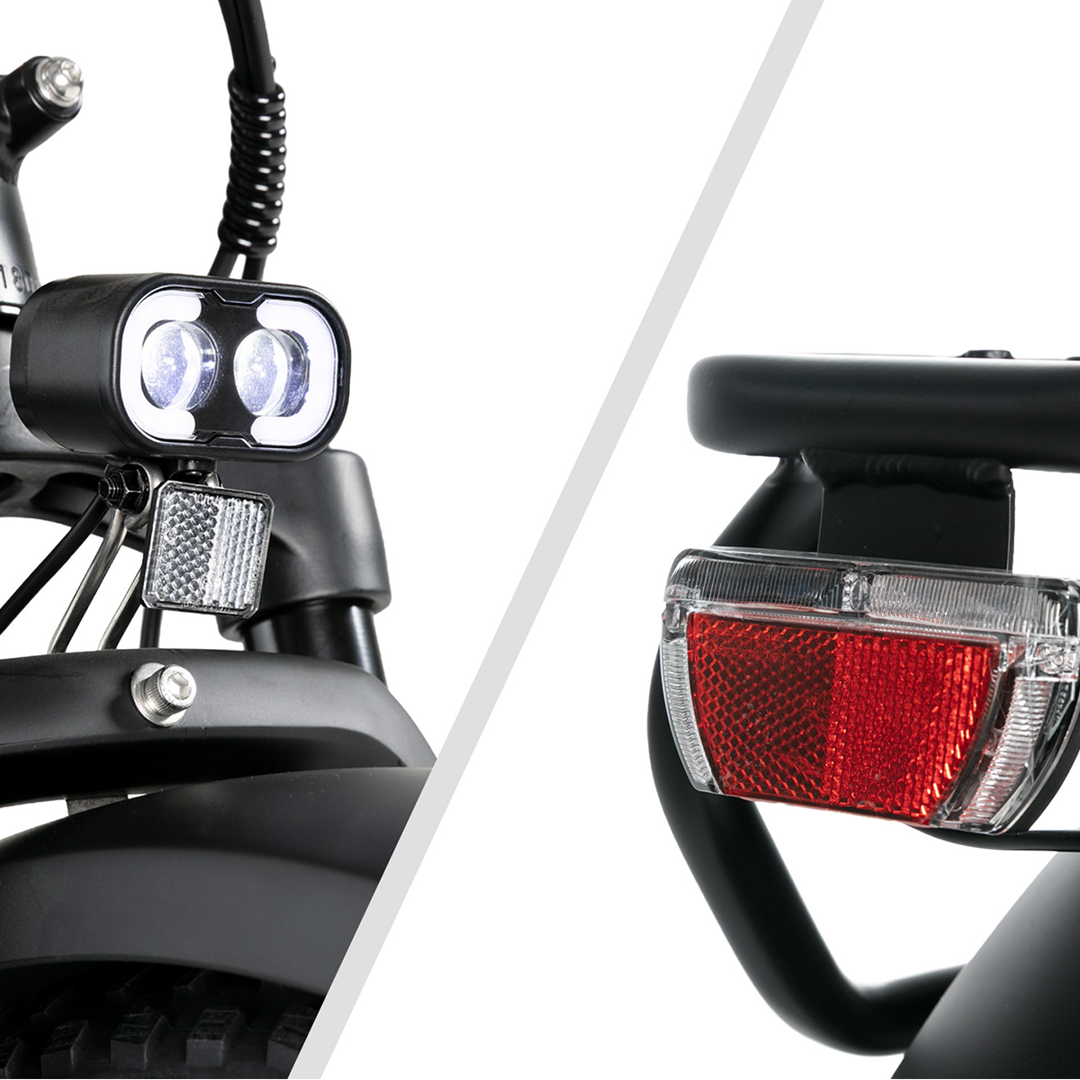 Zbliżenie przedniego reflektora i tylnego światła czarnego roweru.