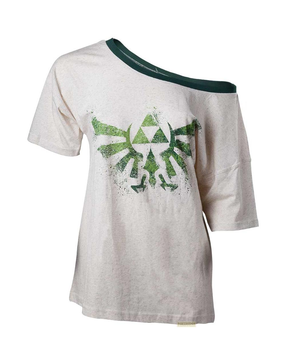 Beige T-Shirt mit grünem Triforce-Aufdruck und tiefem Ausschnitt.
