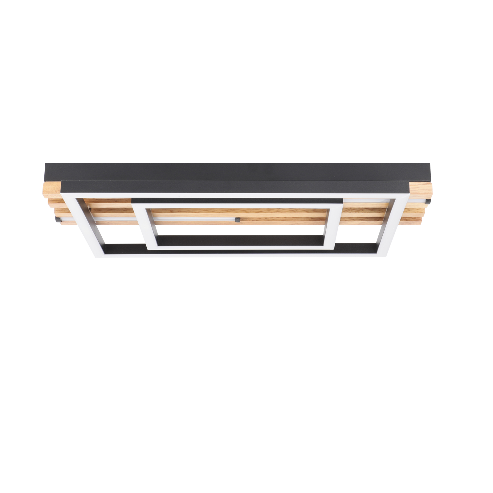 Lampada da soffitto con doghe in legno, cornice nera e accenti bianchi.