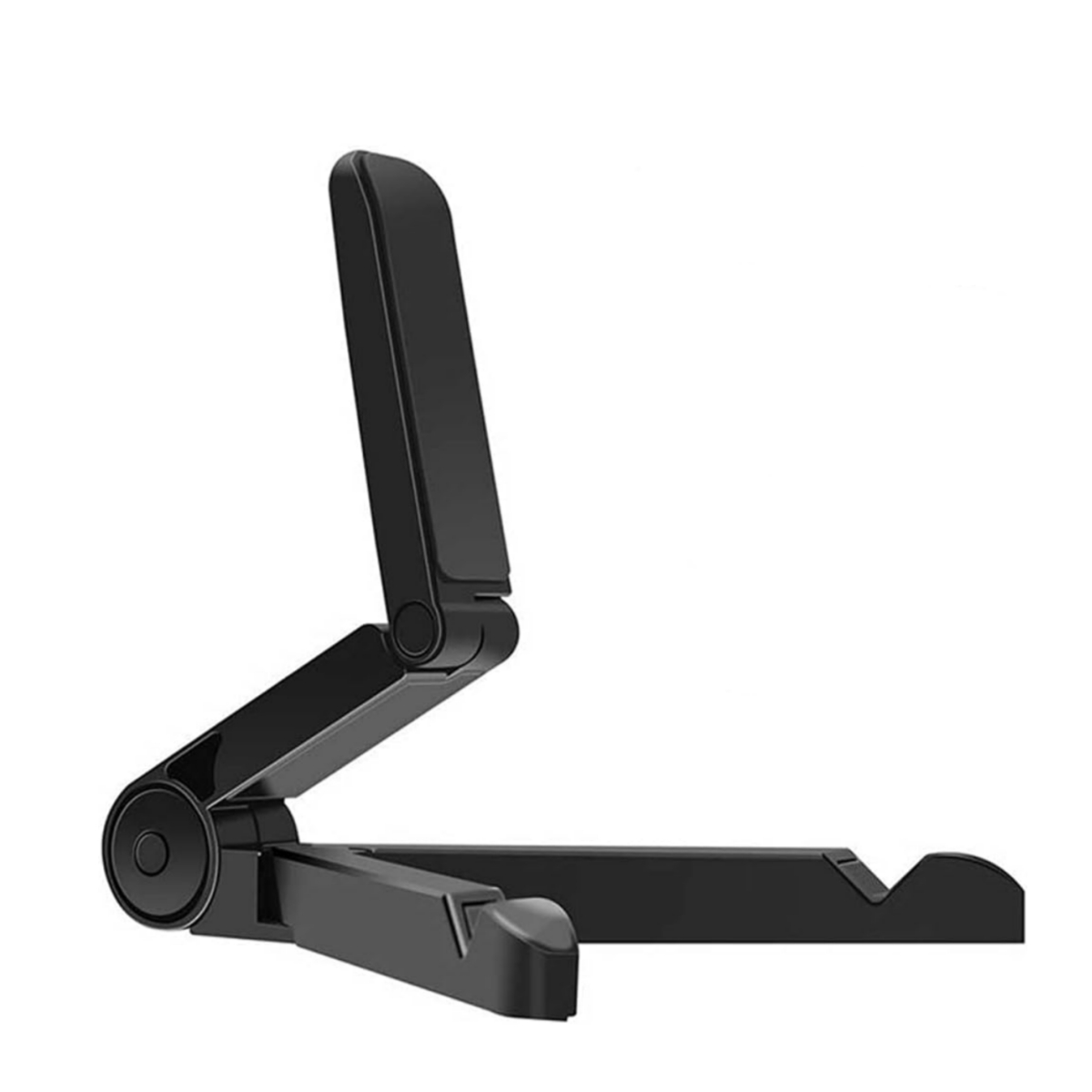 Ein schwarzer, faltbarer Ständer für Tablets oder Telefone, auf weißem Hintergrund.