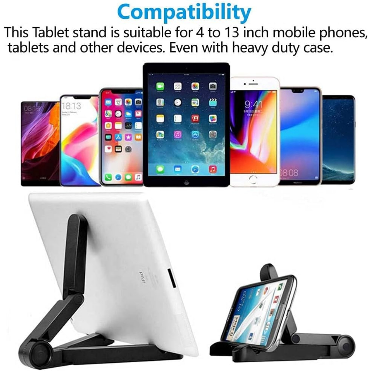 Schwarze Ständer halten Tablets und Telefone. Mehrere Telefone und ein Tablet zeigen Apps an.