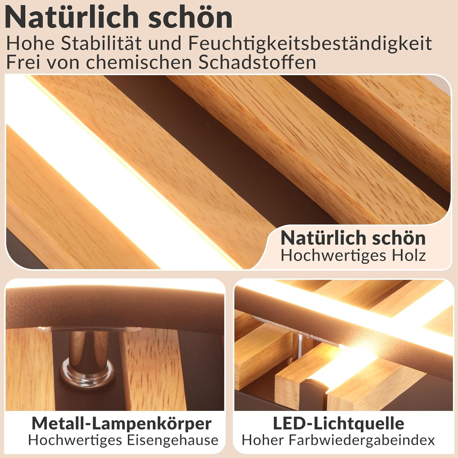 Struttura in legno con luce LED e parti metalliche, per stabilità e resistenza.