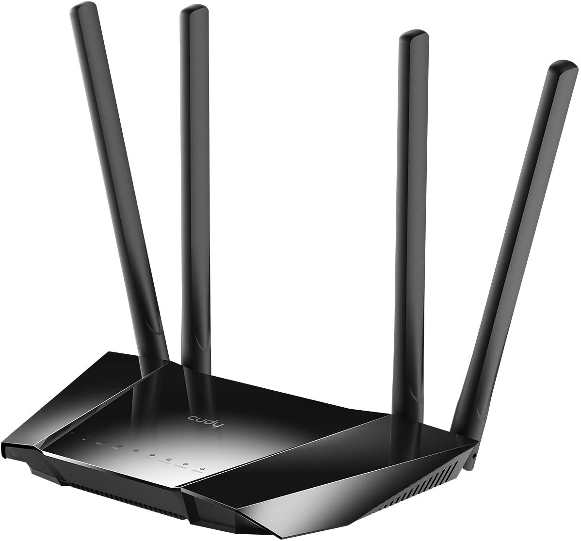 Ein schwarzer WLAN-Router mit vier Antennen und LED-Anzeigen.