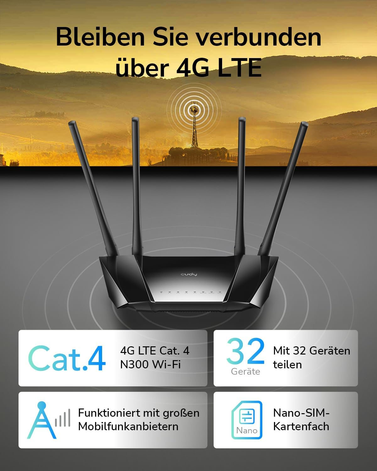 Ein schwarzer 4G LTE WLAN-Router mit drei Antennen auf einem berglosen Hintergrund.