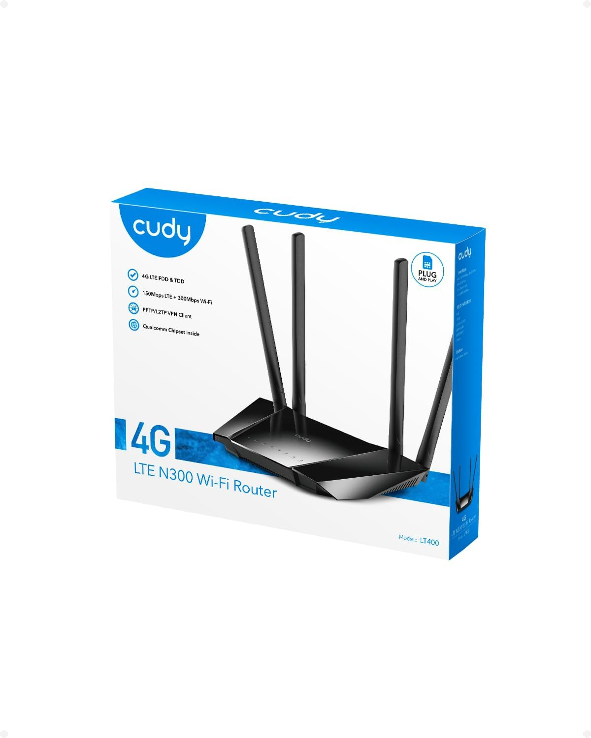 Schwarzer Cudy LTE N300 WLAN-Router mit drei Antennen auf seiner Verpackung.