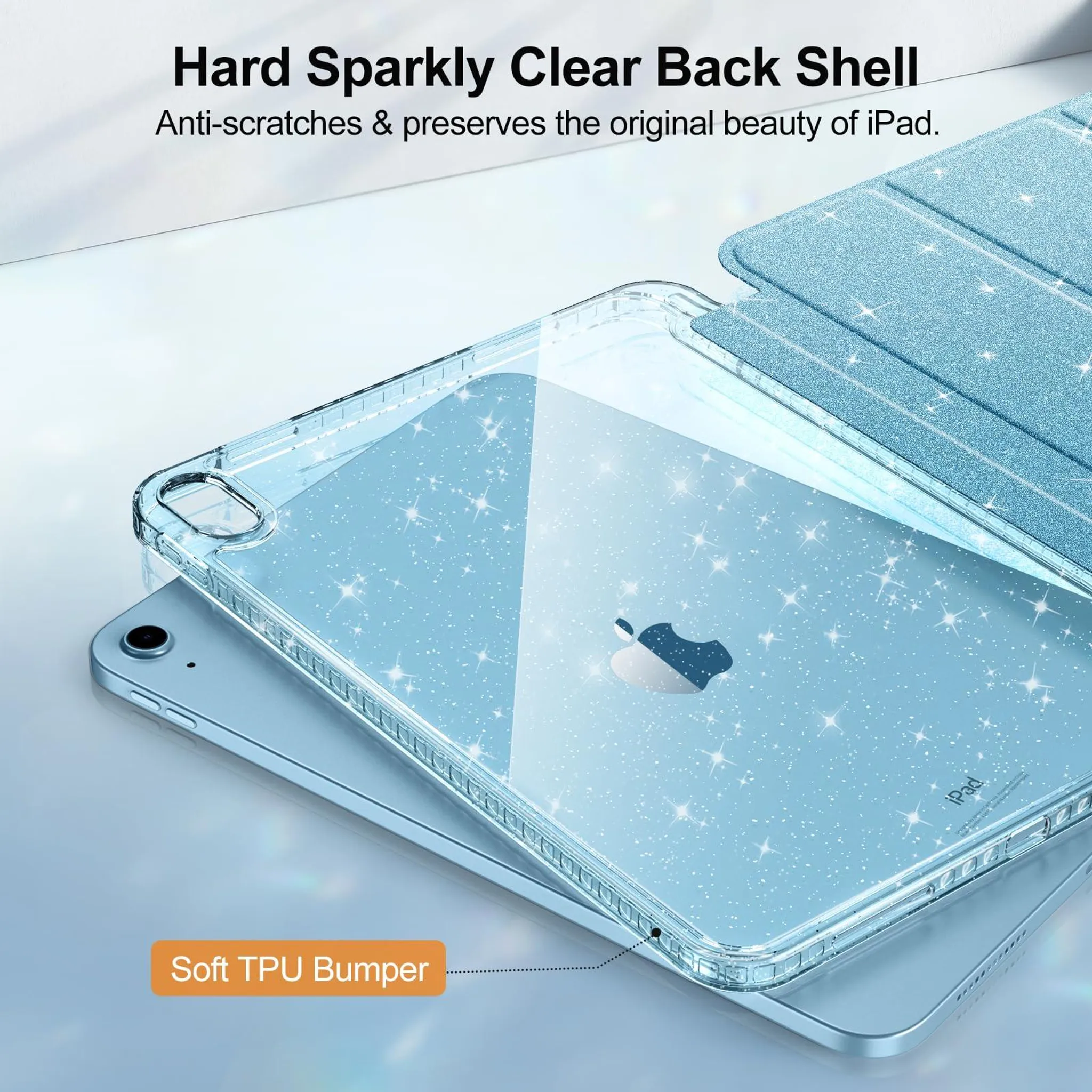 Ein transparentes iPad-Case mit Glitzer und einem blauen Schutzumschlag.
