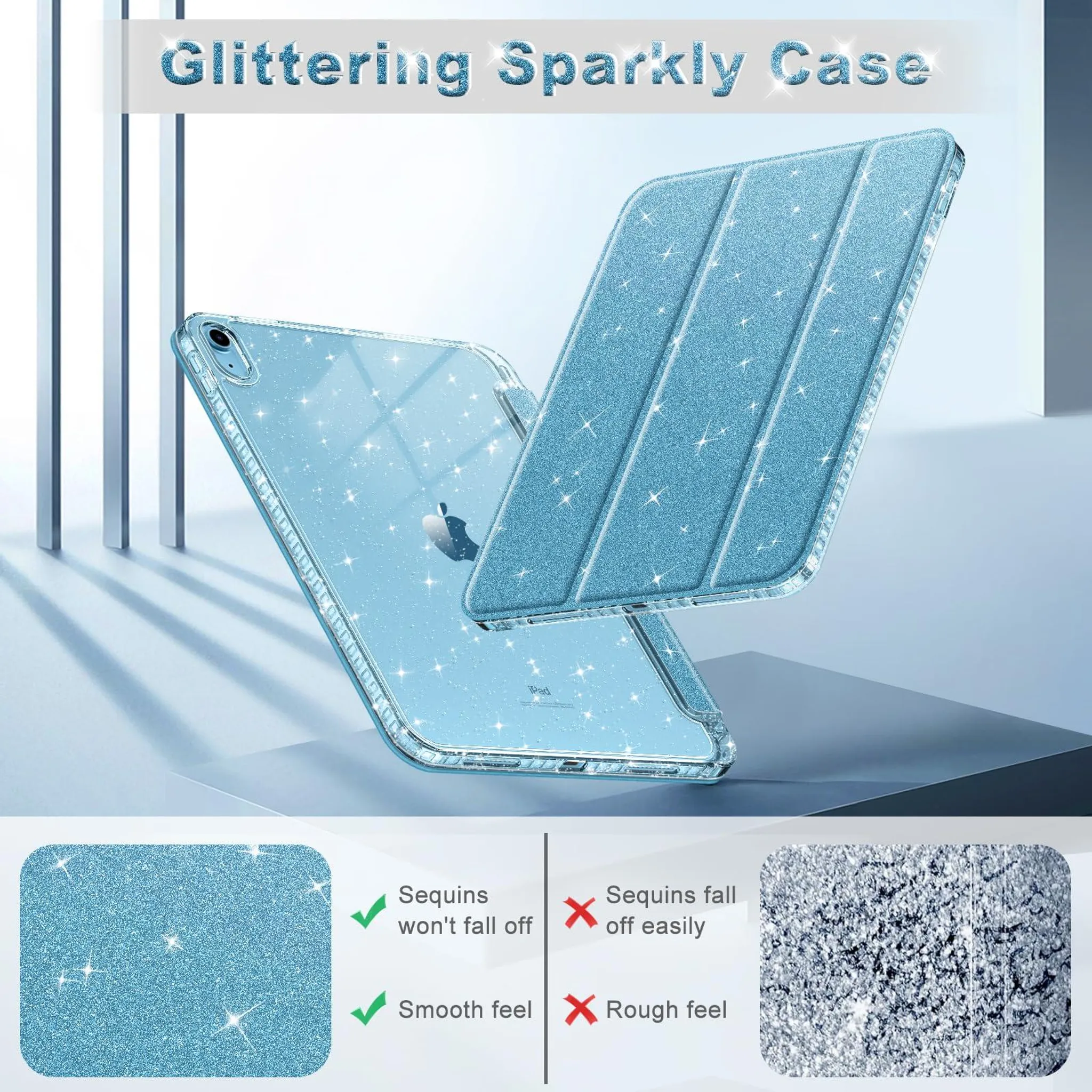Eine hellblaue Hülle mit Glitzer für ein Tablet wird gezeigt. Glitzer fällt nicht ab.
