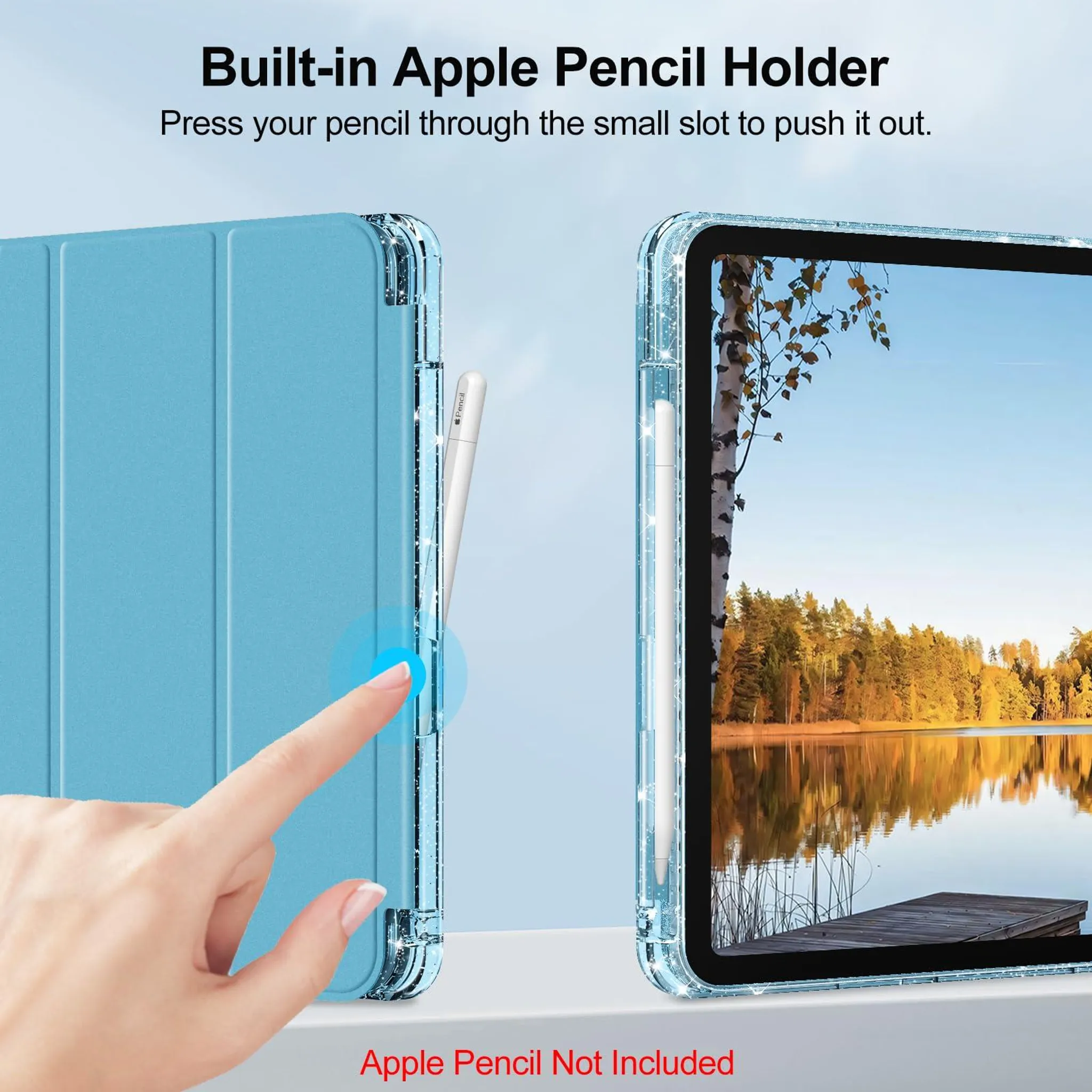 Ein blauer Tablet-Ständer mit integriertem Apple Pencil Halter und einer Hand, die ihn benutzt.