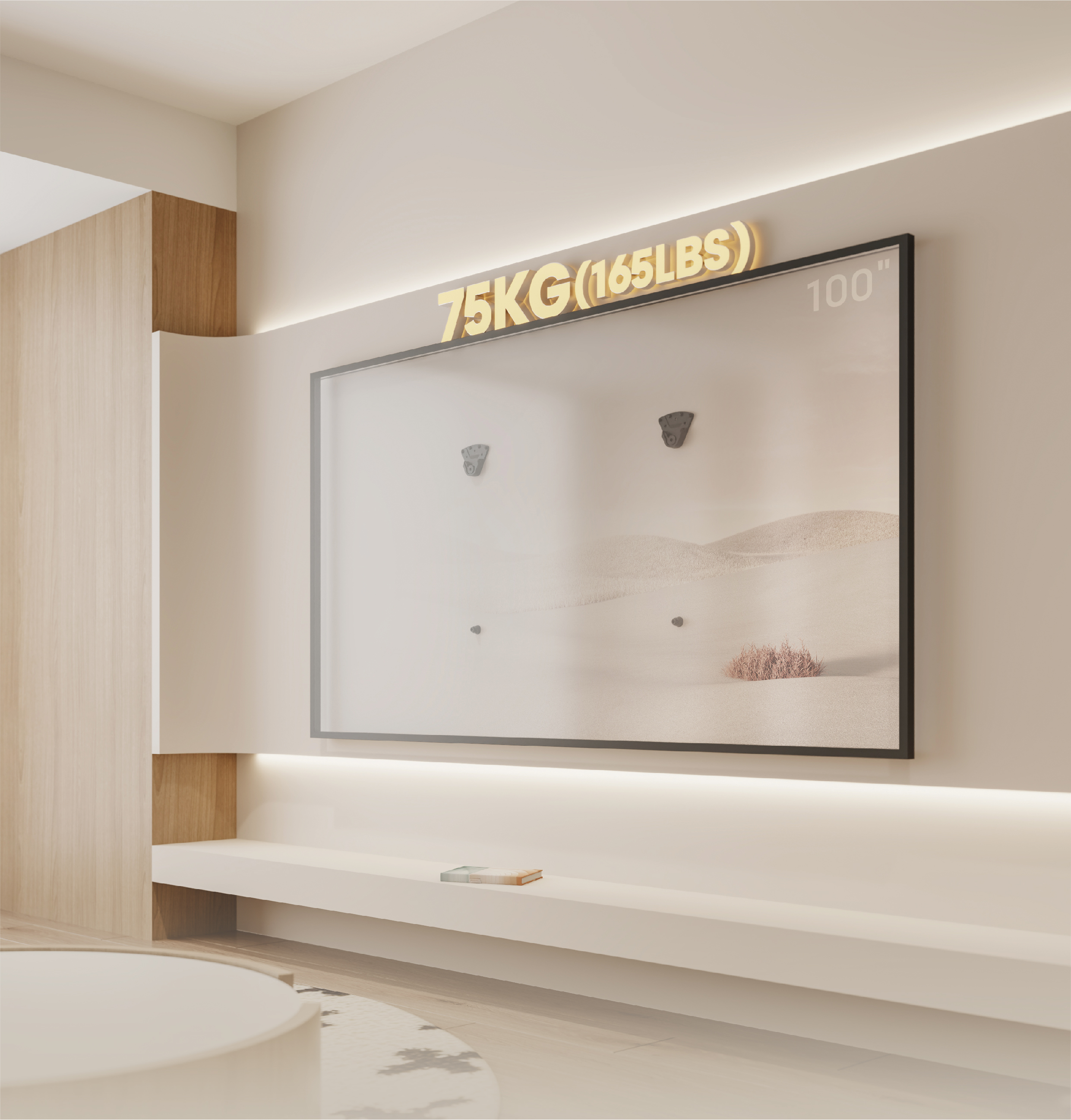 Ein 100-Zoll-Fernseher mit einer 75-kg-Belastung wird an einer Wand montiert.